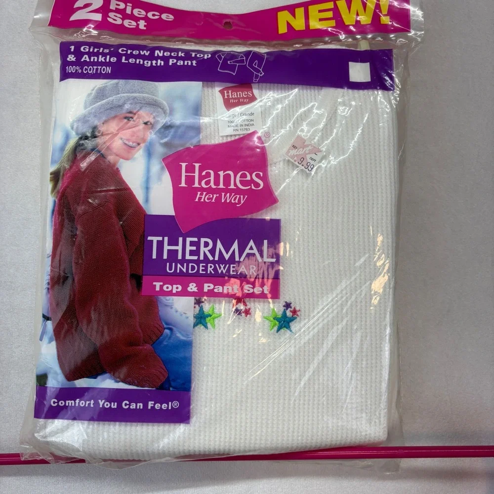 Hanes Her Way Girls Thermal Underwear Set White Cotton Stars Vintage large 14-16